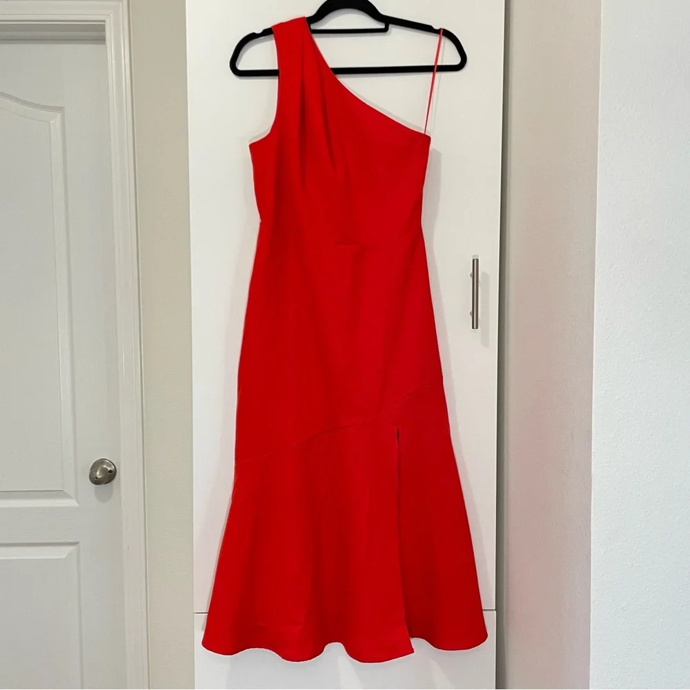 NWT Sam Edelman Cady One Shoulder Satin Midi Dress in Coral Size 8 - Picture 1 of 10